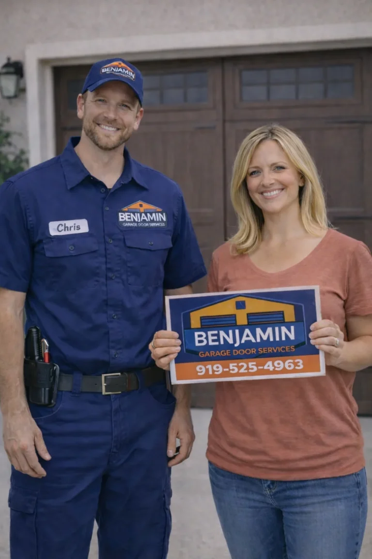 Benjamin Garage Door Services technician with happy customer in North Carolina